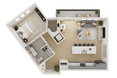 A top-down view of a house layout with a kitchen, living room, and two bedrooms.